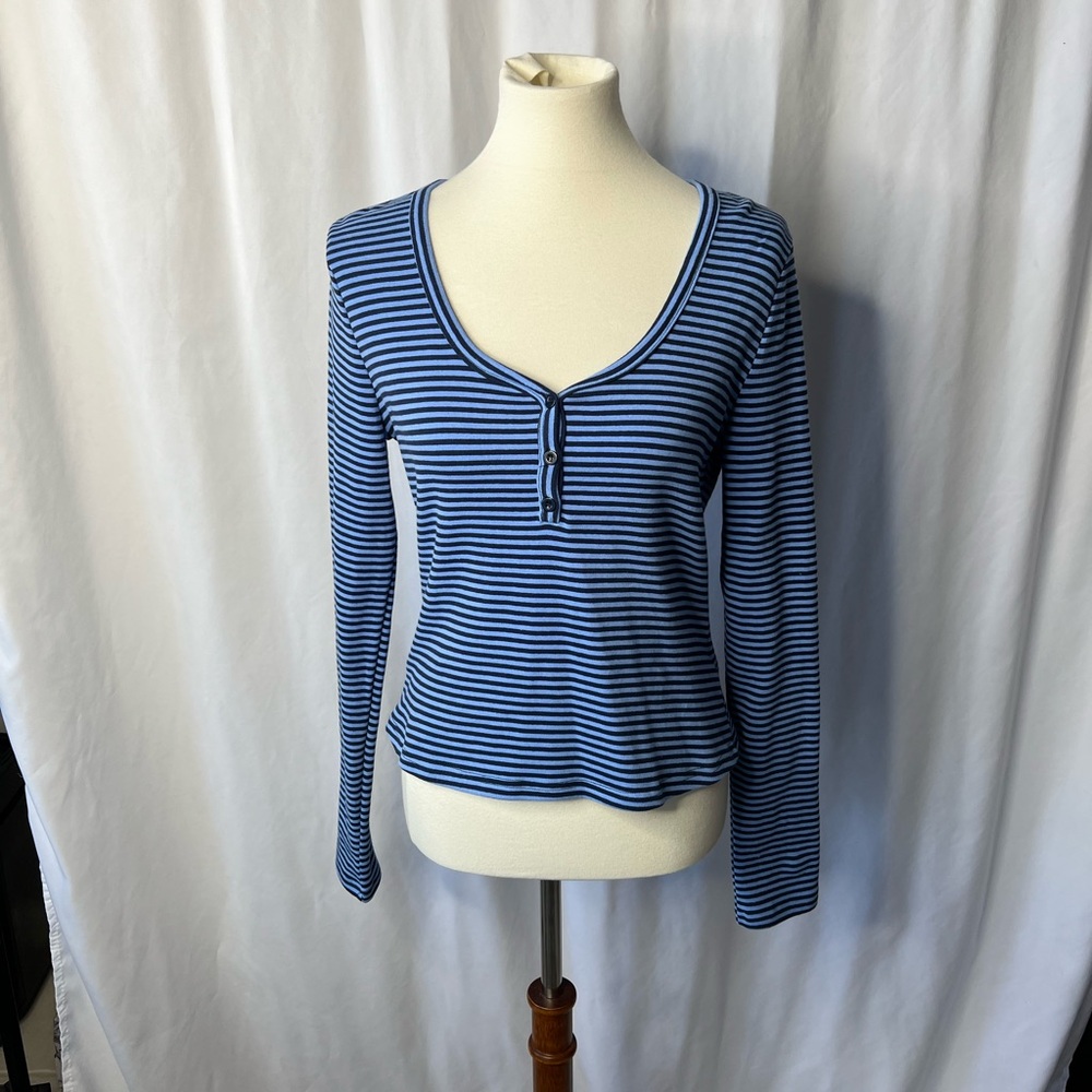⸻

💙 Edikted Blue & Black Striped Long Sleeve Henley Top